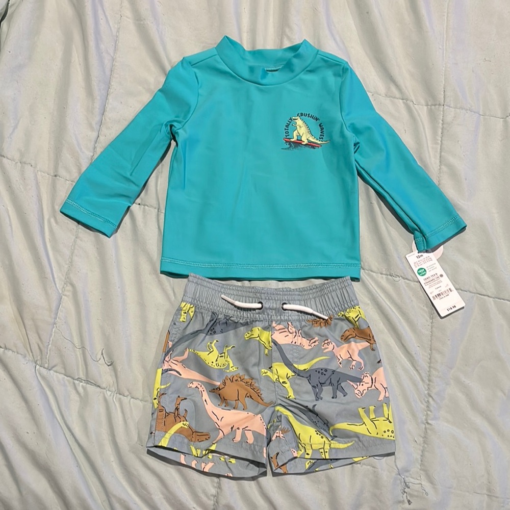 Carter's Blue and Gray Dinosaur Rashguard Swim Set